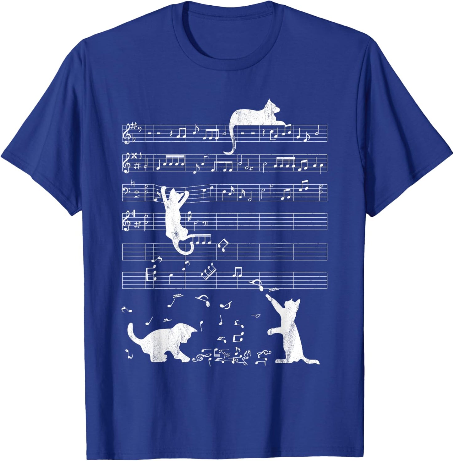 Cute Cat Distressed Music Notes Kitty Piano Musician Women Kids T-Shirt - T-Shirt | Royal