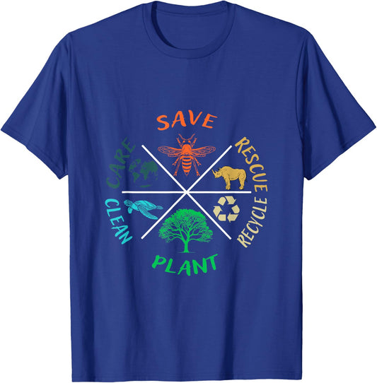 Earth Day Save the Bees Plant More Trees Clean the Seas T-Shirt - T-Shirt | Royal