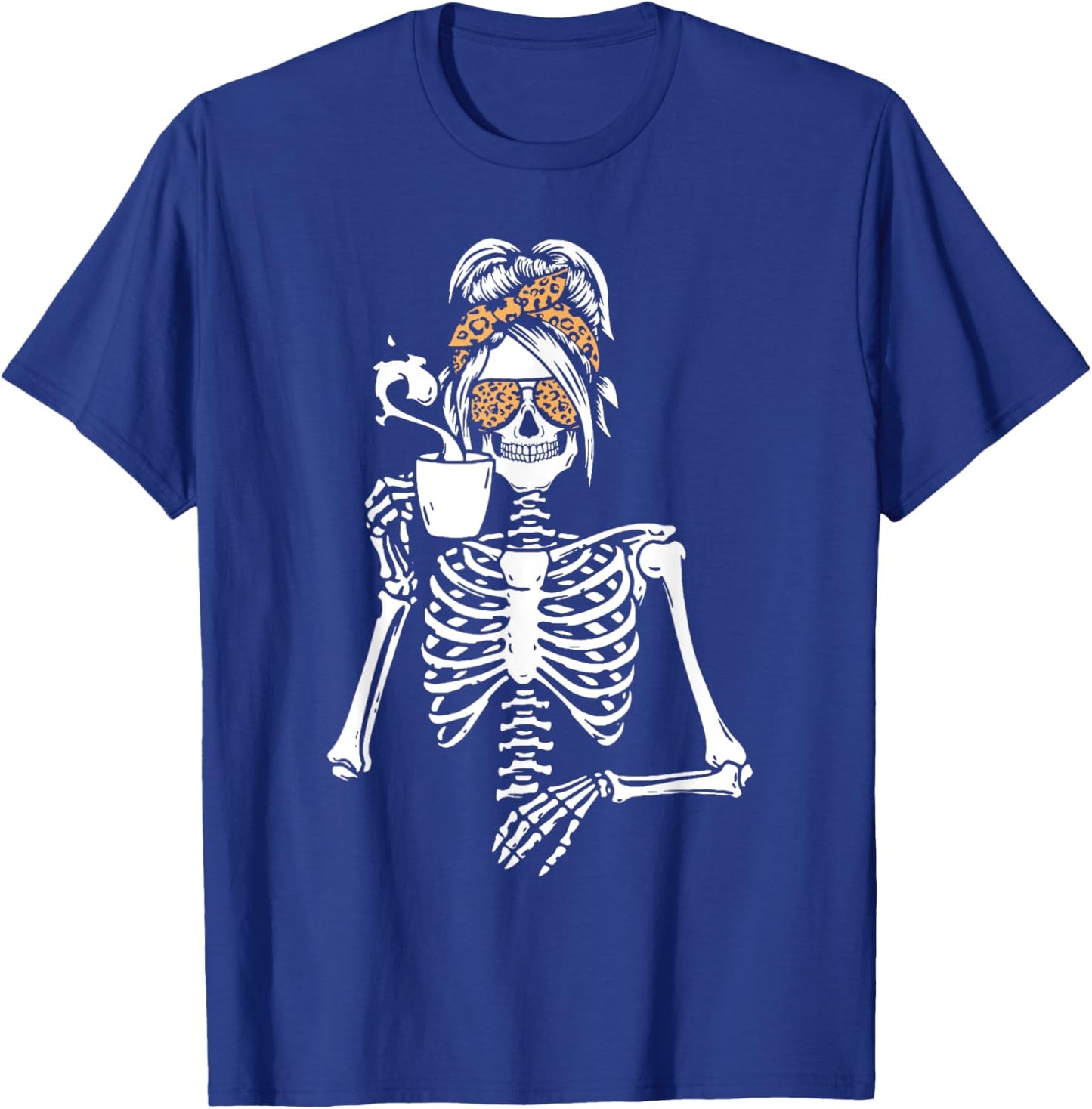 Skeleton Messy Bun Coffee Drinking Halloween Costume Women T-Shirt - T-Shirt | Royal