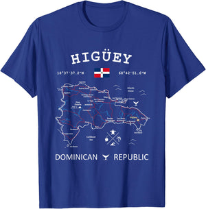 HIGUEY Dominican Republic Flag Travel Map Coordinates T-Shirt - T-Shirt | Royal