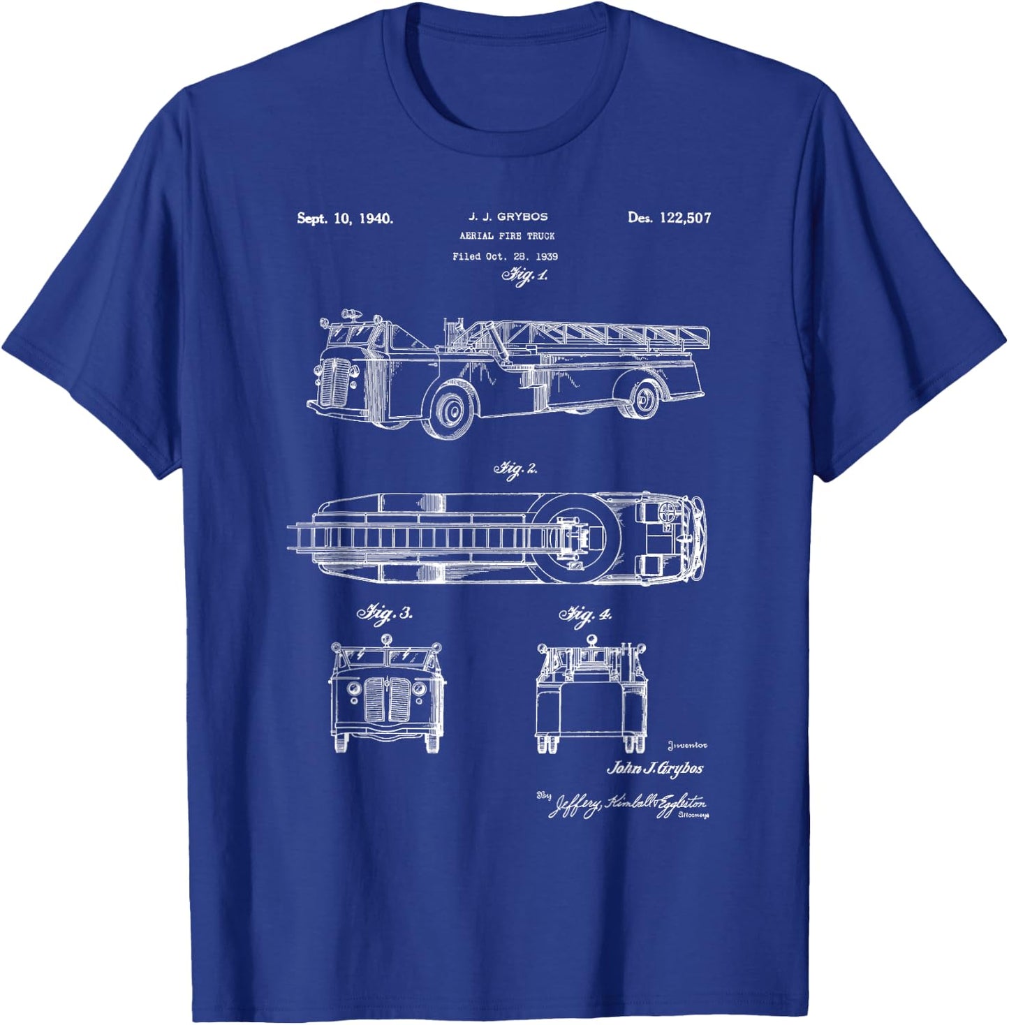 Vintage Patent Fire Truck Retro Blueprint Firefighter Gift T-Shirt - T-Shirt | Royal