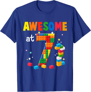 Building Blocks Brick 7th Birthday Shirt 7 Year Old Boy Gift T-Shirt - T-Shirt | Royal