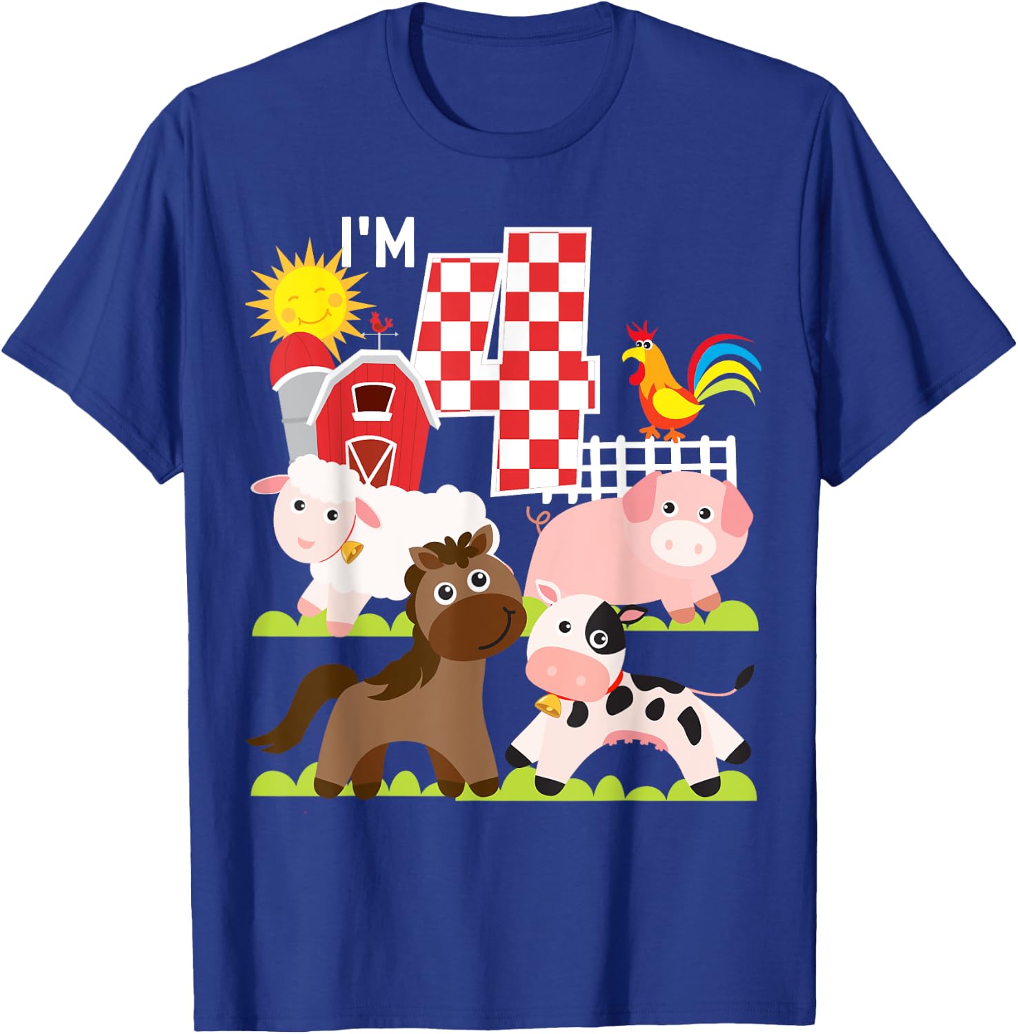 Farm Animals Barnyard 4th Birthday I'm 4 Year Old Kid T-Shirt - T-Shirt | Royal