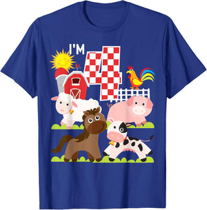 Farm Animals Barnyard 4th Birthday I'm 4 Year Old Kid T-Shirt - T-Shirt | Royal