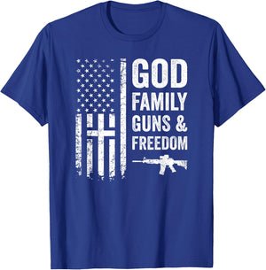 GOD FAMILY GUNS & FREEDOM - Pro God Pro Gun USA Cross Flag T-Shirt - T-Shirt | Royal