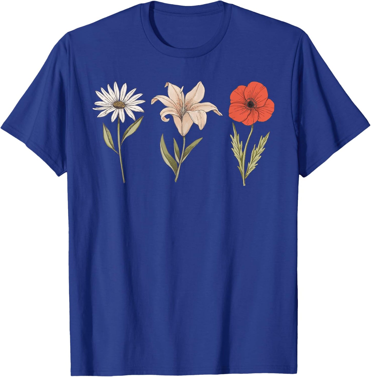 Vintage Flower Drawing Lily Poppy Daisy T-Shirt - T-Shirt | Royal