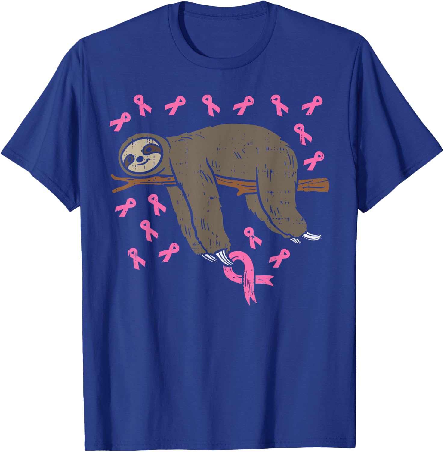 Lazy Sloth Pink Ribbon Breast Cancer Awareness Support Gift T-Shirt - T-Shirt | Royal