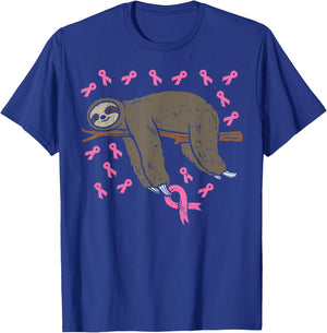 Lazy Sloth Pink Ribbon Breast Cancer Awareness Support Gift T-Shirt - T-Shirt | Royal