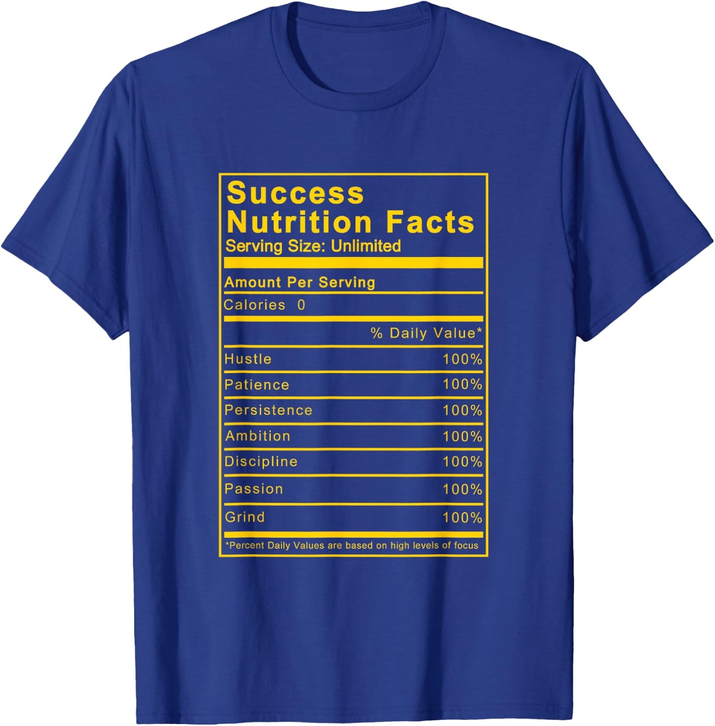 University Gold Success Nutrition Facts Label Black Sneakers T-Shirt - T-Shirt | Royal