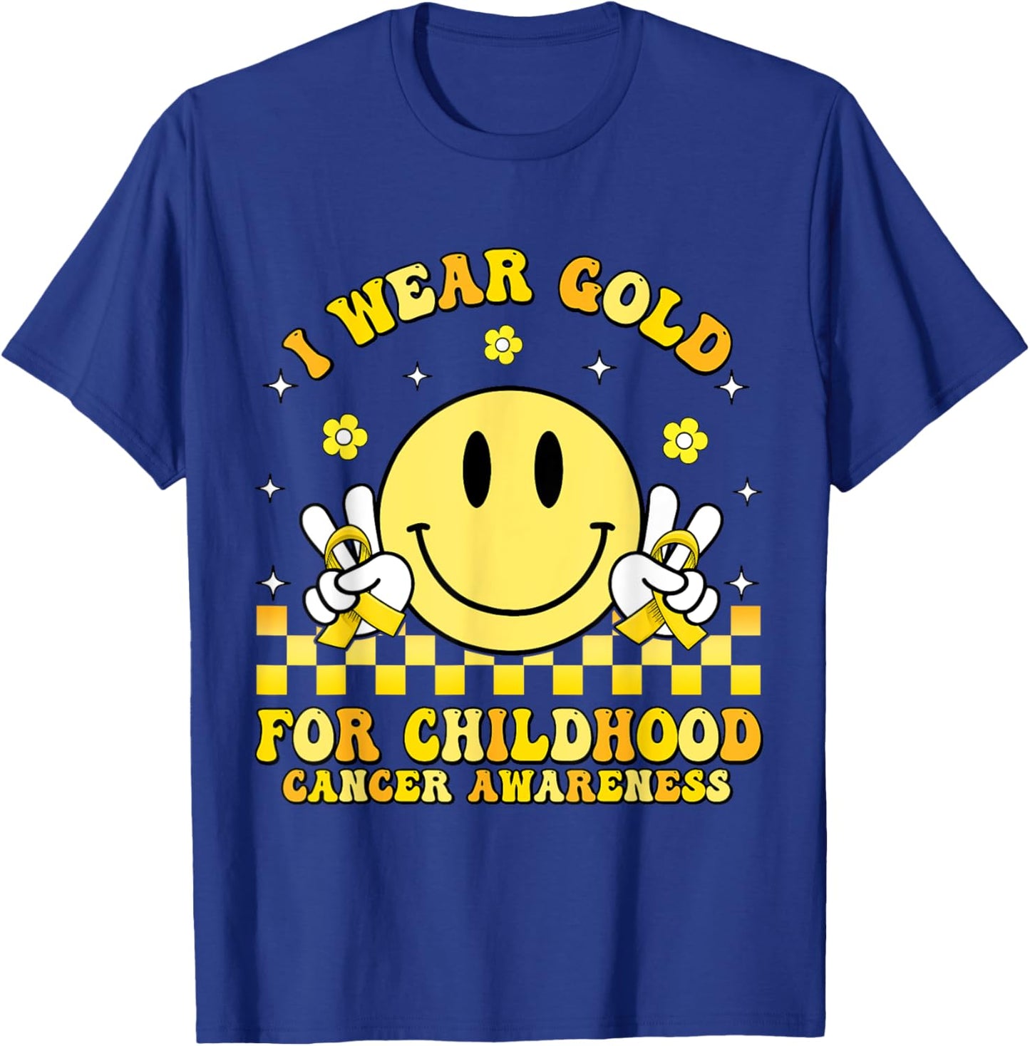 Groovy Retro Smile Face I Wear Gold For Childhood Cancer T-Shirt - T-Shirt | Royal