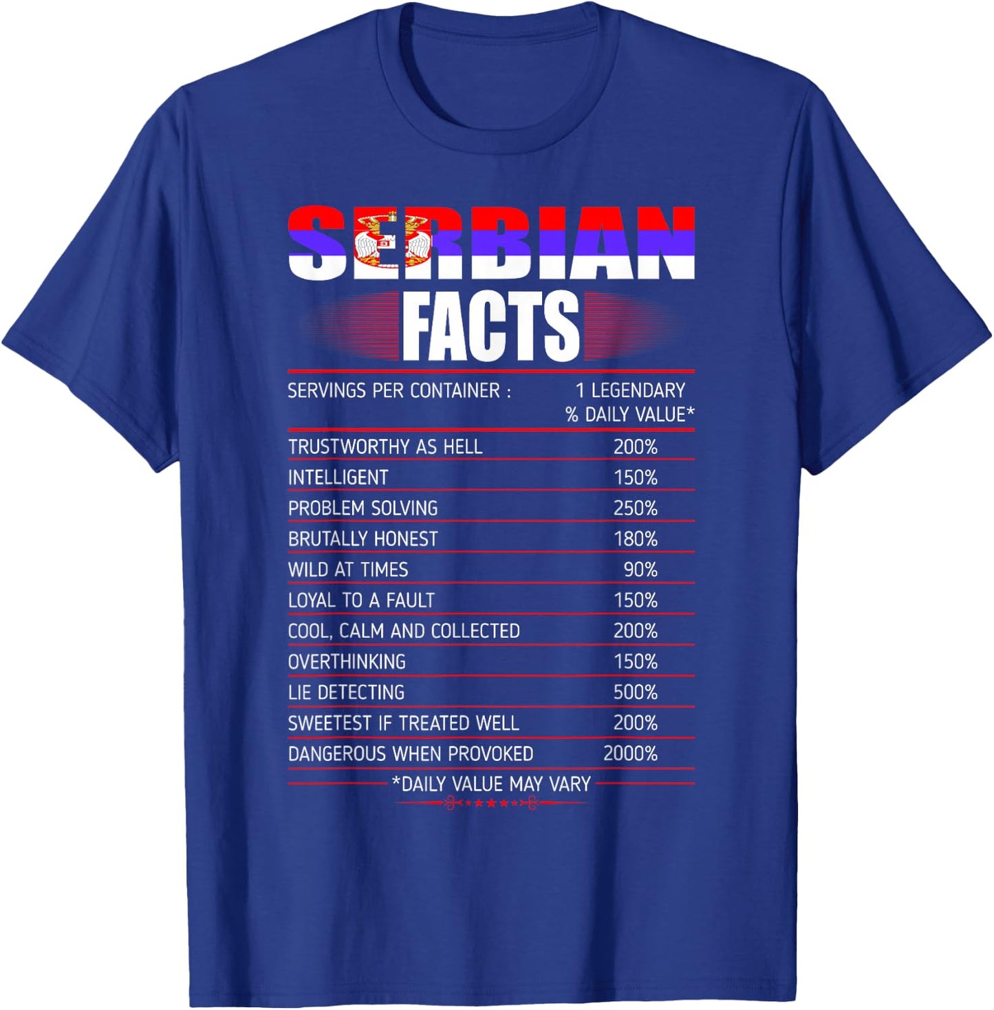 Serbian Facts Servings Per Container Country Gift T-Shirt - T-Shirt | Royal