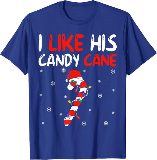 I Like His Candy Cane Santa Xmas Lights Christmas Couples T-Shirt - T-Shirt | Royal