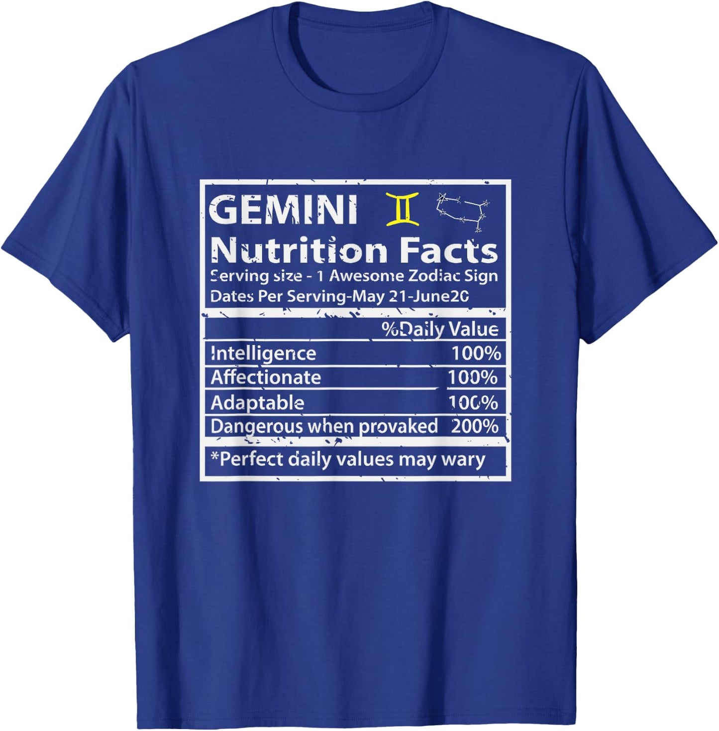 Gemini Nutrition Facts Zodiac Sign T-Shirt - T-Shirt | Royal