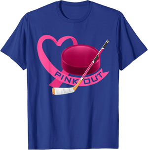 Pink Out Breast Cancer Pink Ribbon Heart & Ice Hockey Puck T-Shirt - T-Shirt | Royal