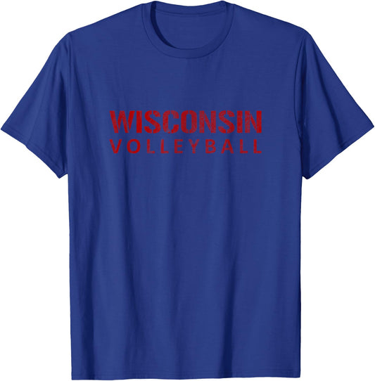 Wisconsin Volleyball Block Style VIntage Distressed T-Shirt - T-Shirt | Royal