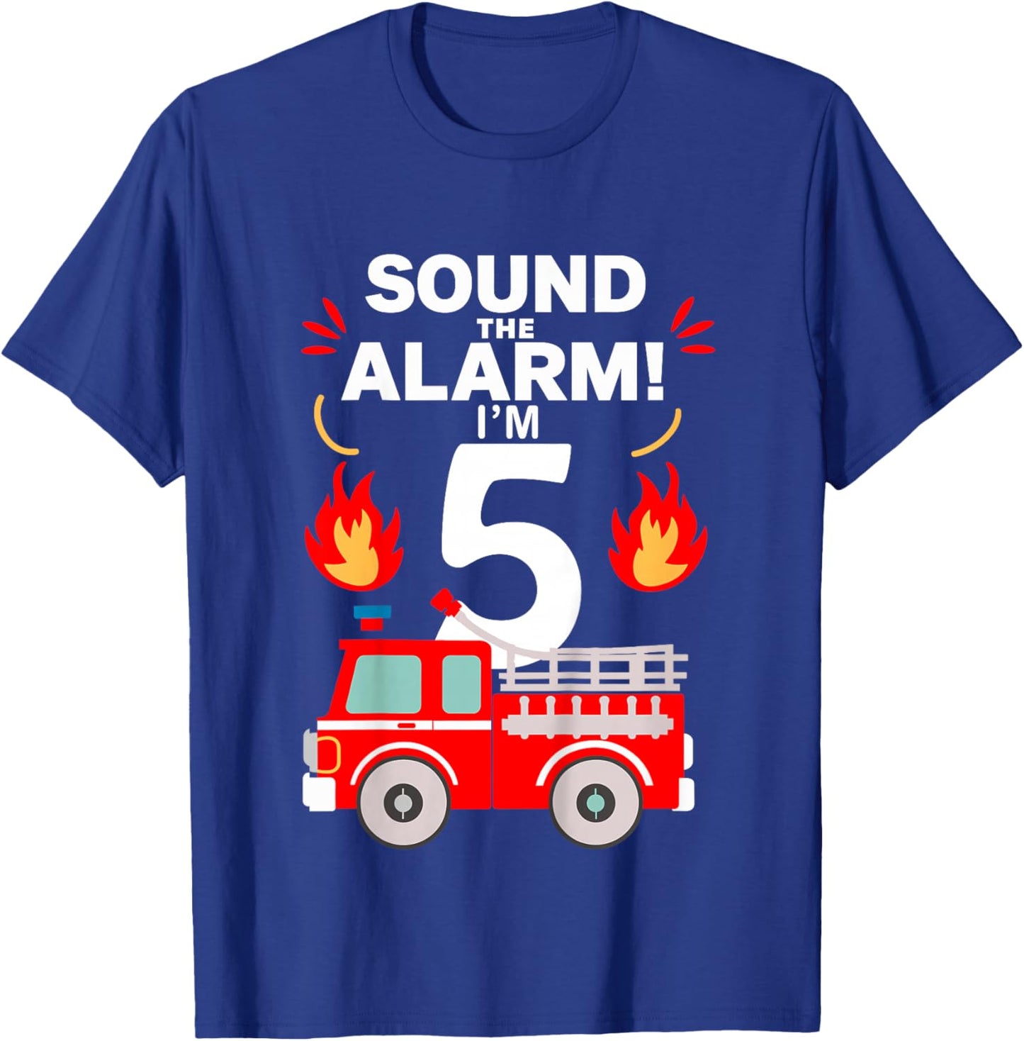Kids 5th Birthday Fire Truck 5 Year Old Birthday Boy Firefighter T-Shirt - T-Shirt | Royal