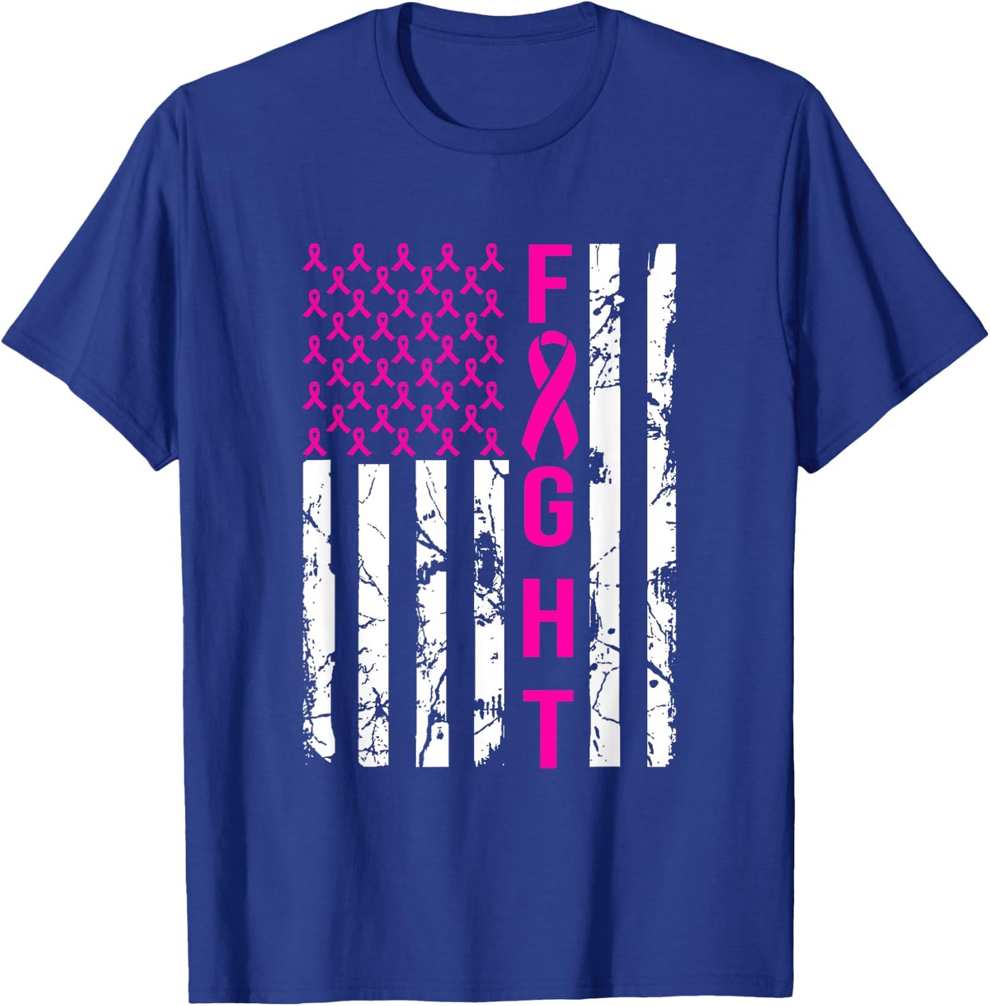 Breast Cancer Awareness FIGHT American Flag Pink Ribbon Women Men T-Shirt - T-Shirt | Royal