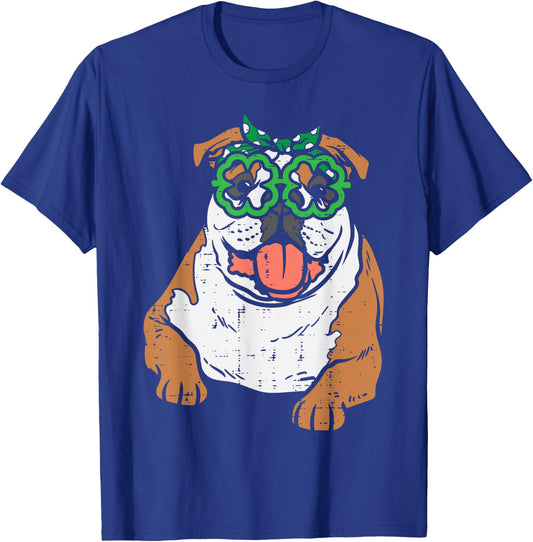 English Bulldog Shamrock Glasses St Patricks Day Dog Gift Women Kids T-Shirt - T-Shirt | Royal
