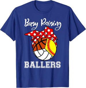 Busy Raising Ballers Softball Volleyball Basketball Mom T-Shirt - T-Shirt | Royal