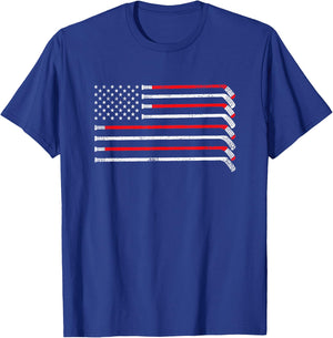 Hockey Stick USA Flag Faded Hockey Player T-Shirt - T-Shirt | Royal