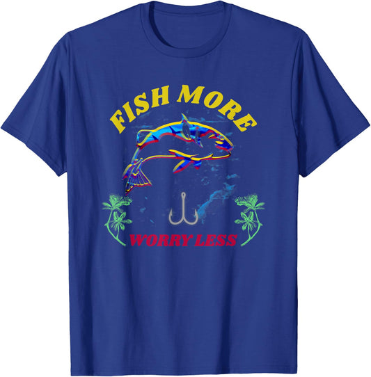 VINTAGE Distressed Fish More Worry Less SHIRT Fisherman GIFT T-Shirt - T-Shirt | Royal
