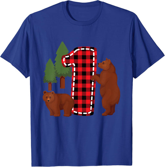 Kids 1 Year Old Lumberjack Birthday Party Bear Plaid Boy 1st Gift T-Shirt - T-Shirt | Royal