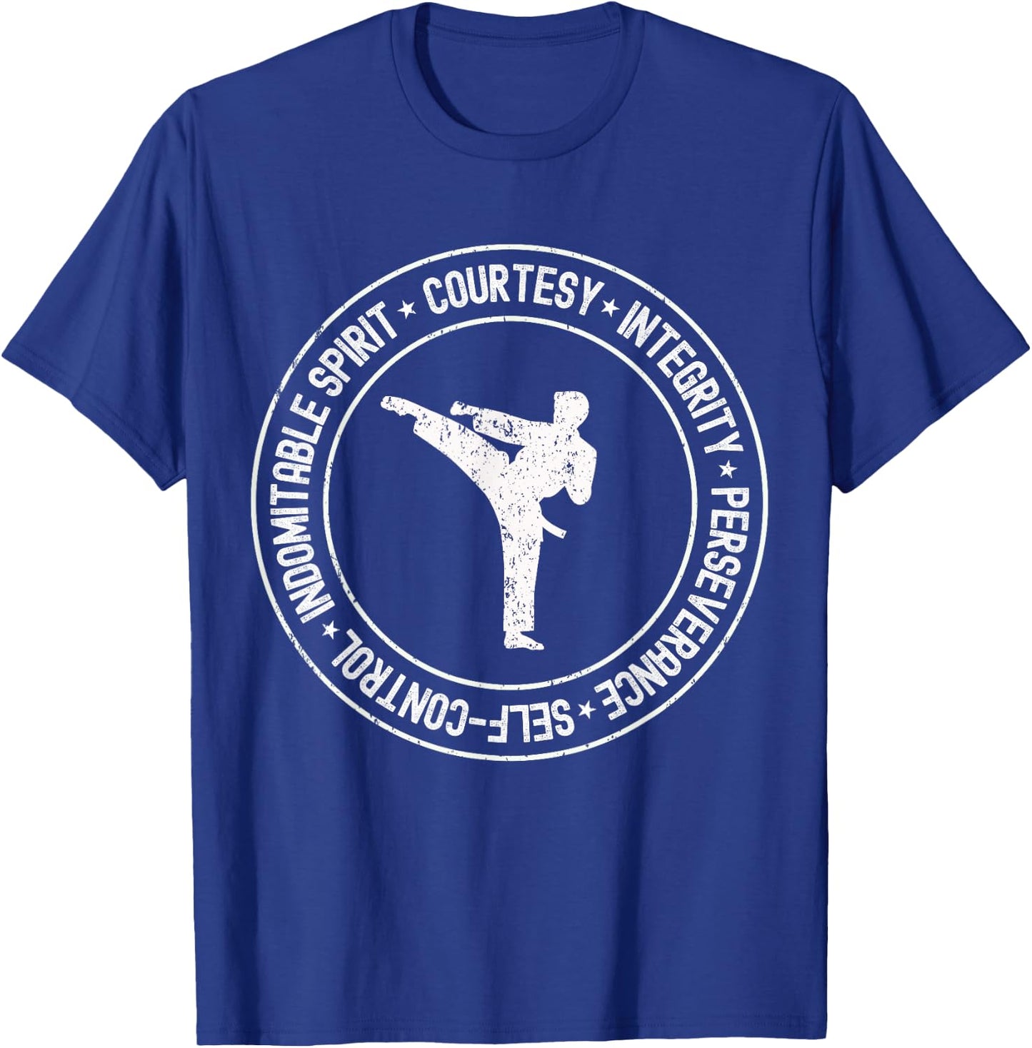 Distressed 5 Tenets of Taekwondo Taekwondo Kicking Outfit T-Shirt - T-Shirt | Royal