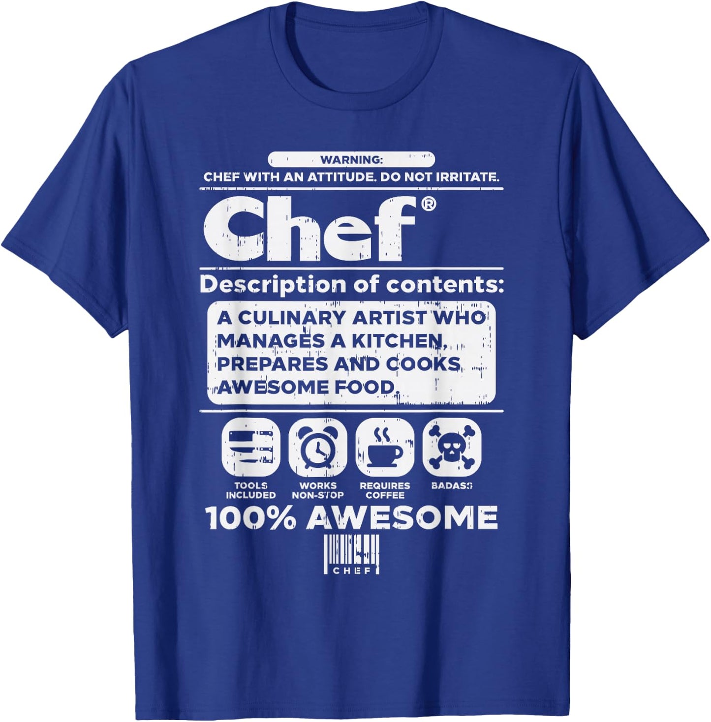 Warning Chef 100% Awesome Culinary Artist Men Women Gift T-Shirt - T-Shirt | Royal