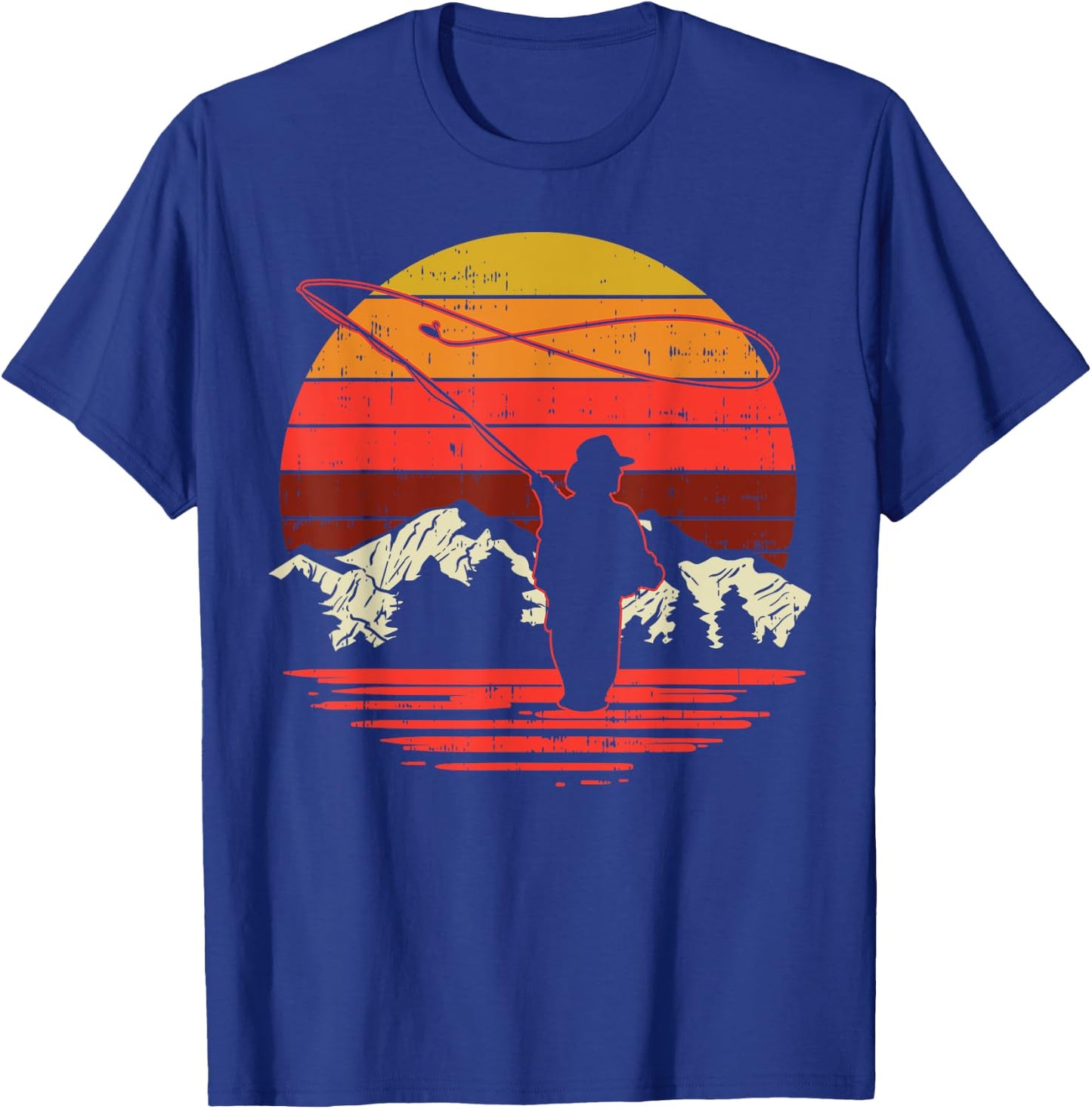 Fly Fishing Sunset Retro Trout Angling Fisherman Angler Gift T-Shirt - T-Shirt | Royal