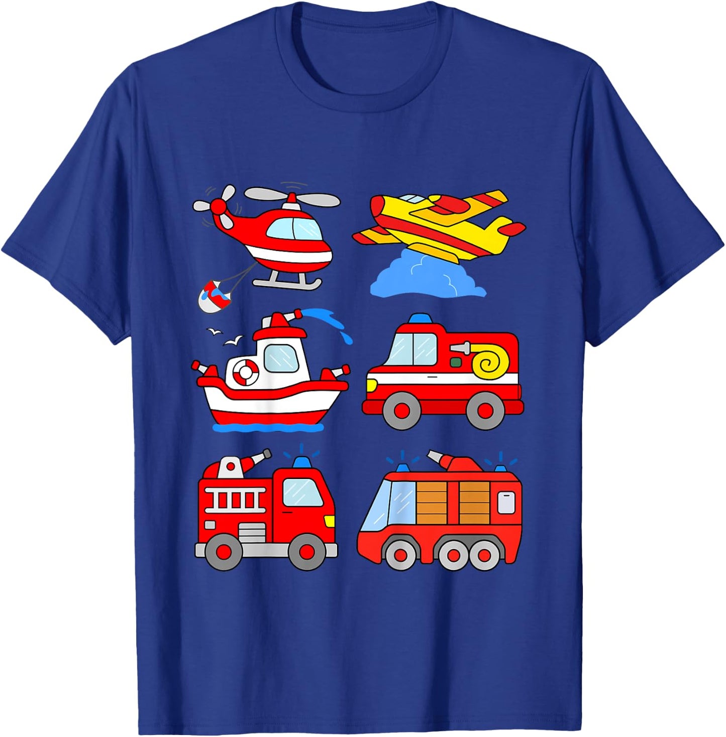 Kids Fire Engines Boys Toddlers Firefighter Boat Plane Helicopter T-Shirt - T-Shirt | Royal