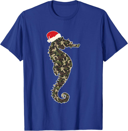Seahorse Lover Christmas Santa Hat Camouflage Illustration T-Shirt - T-Shirt | Royal
