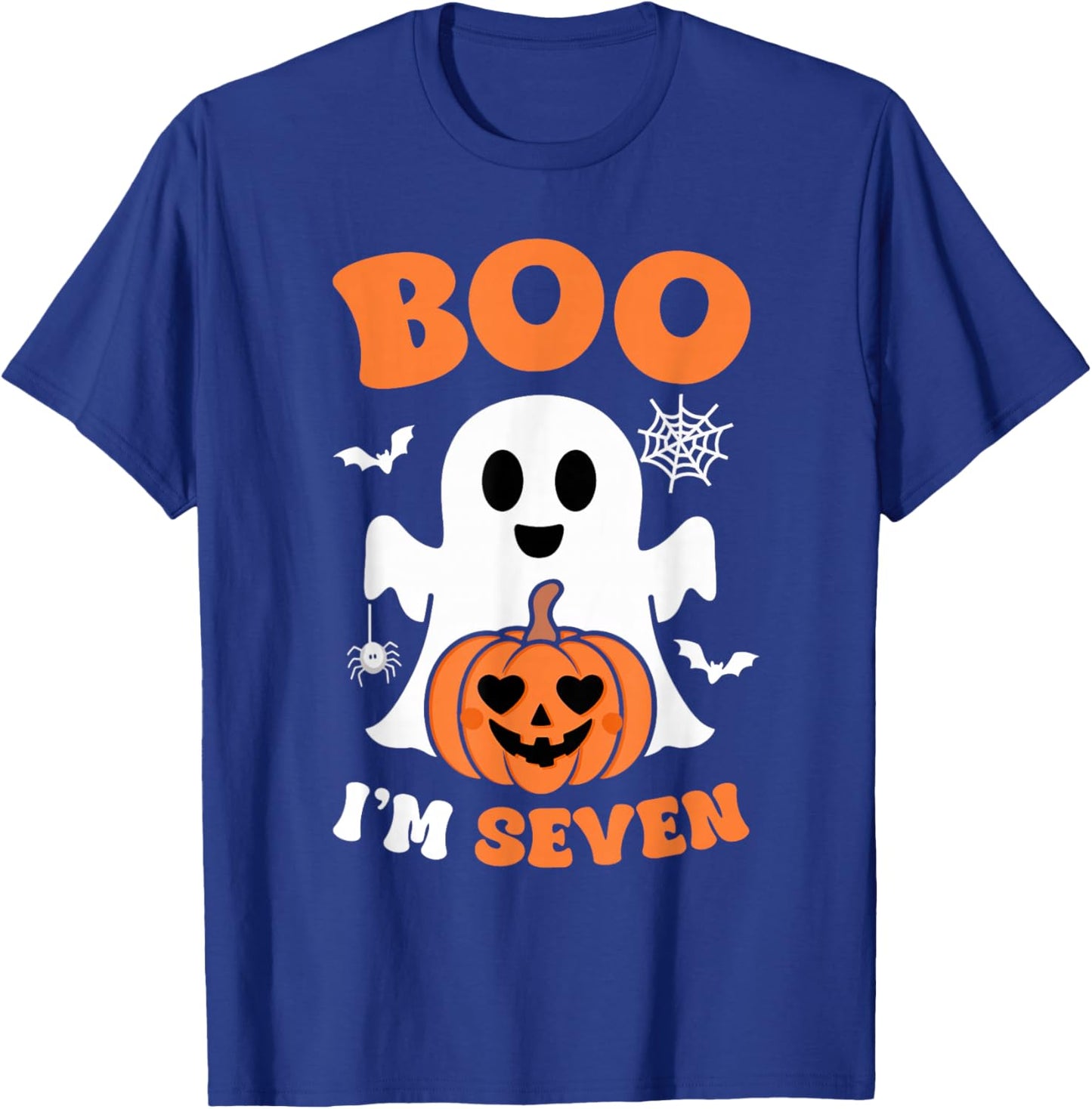Ghost Boo I'm Seven Year 7th Birthday Boys Halloween Groovy T-Shirt - T-Shirt | Royal