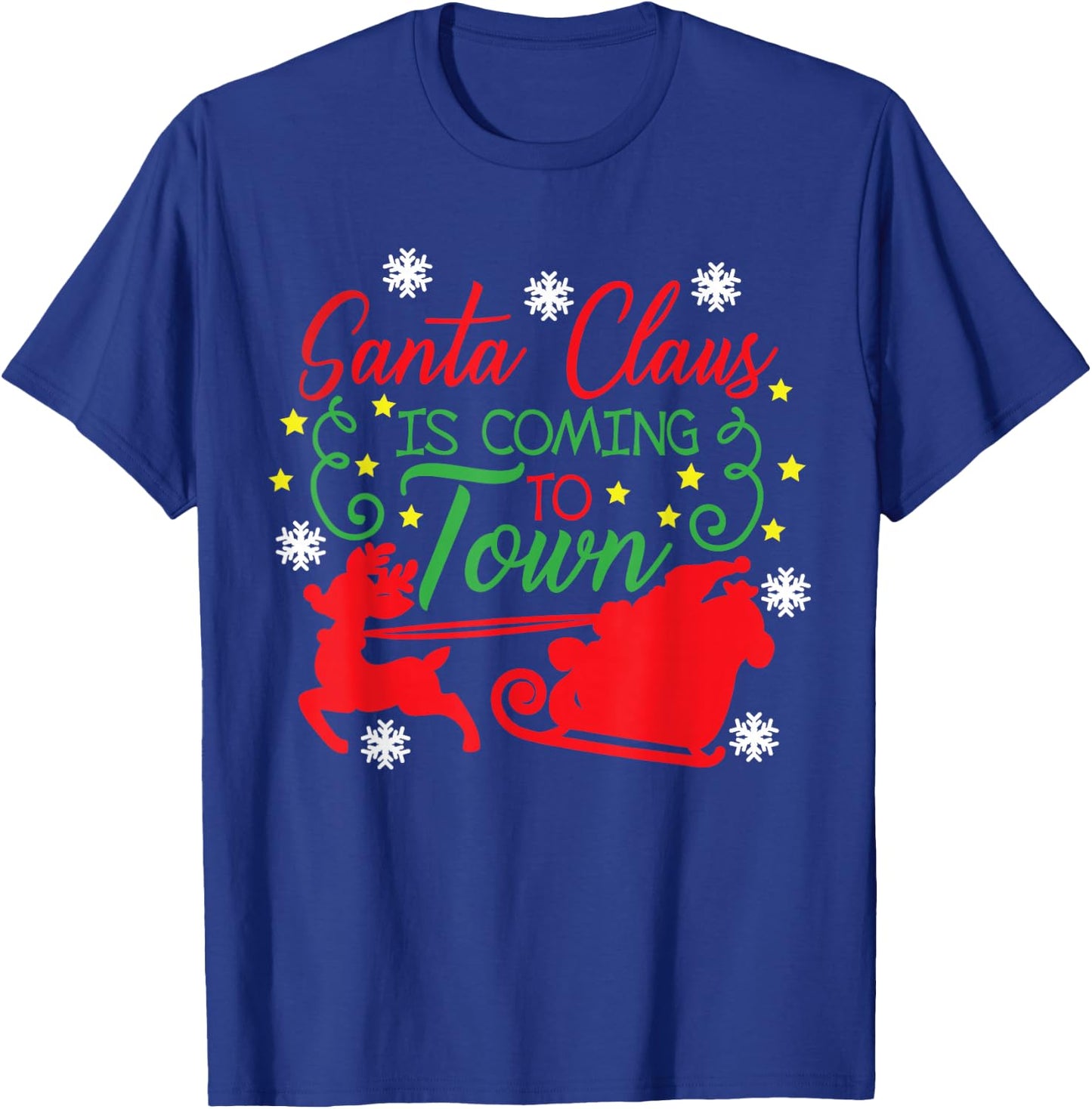 Santa Claus Is Coming To Town Flying Reindeer Snowflakes T-Shirt - T-Shirt | Royal