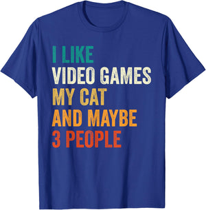I Like Video Games My Cat And Maybe 3 People Gamer Retro Men Women Kids T-Shirt - T-Shirt | Royal