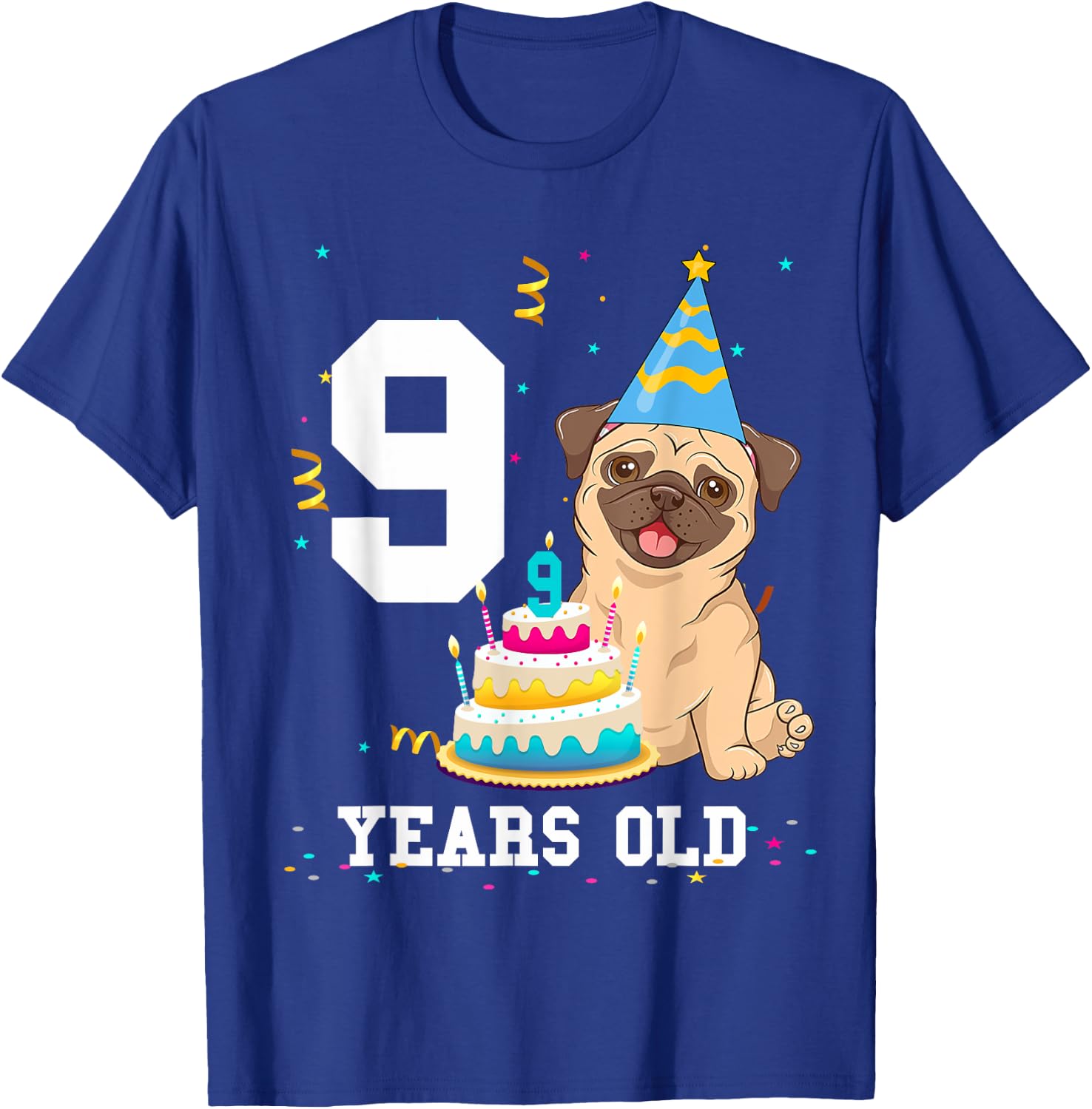 9 Years Old Birthday Pug Dog Lover Party Kids Boys Girls T-Shirt - T-Shirt | Royal