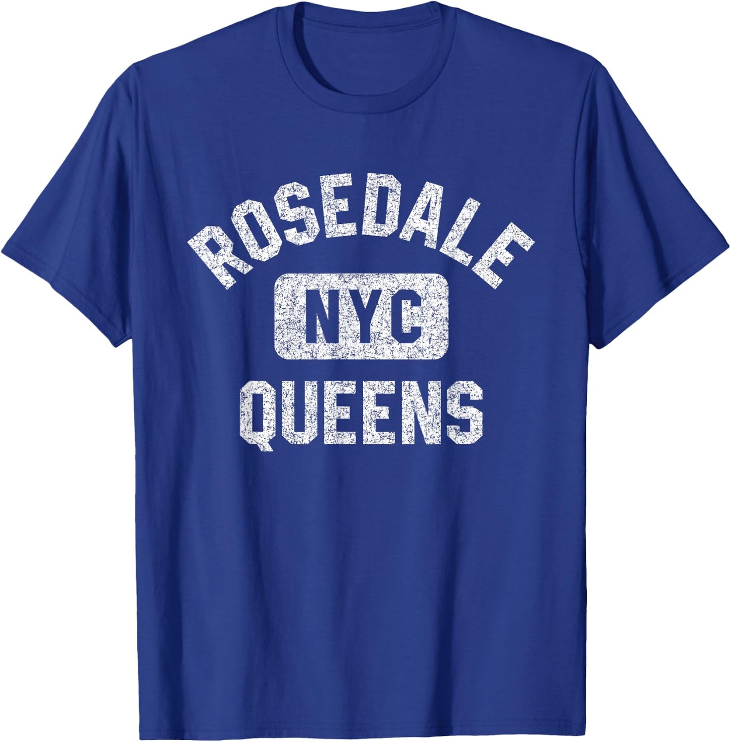 Rosedale Queens NYC Gym Style Distressed White Print T-Shirt - T-Shirt | Royal