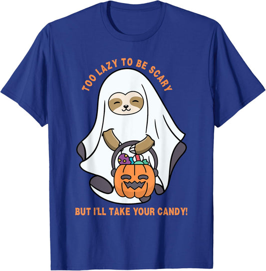 Funny Ghost Sloth, Too Lazy To Be Scary Halloween Candy T-Shirt - T-Shirt | Royal