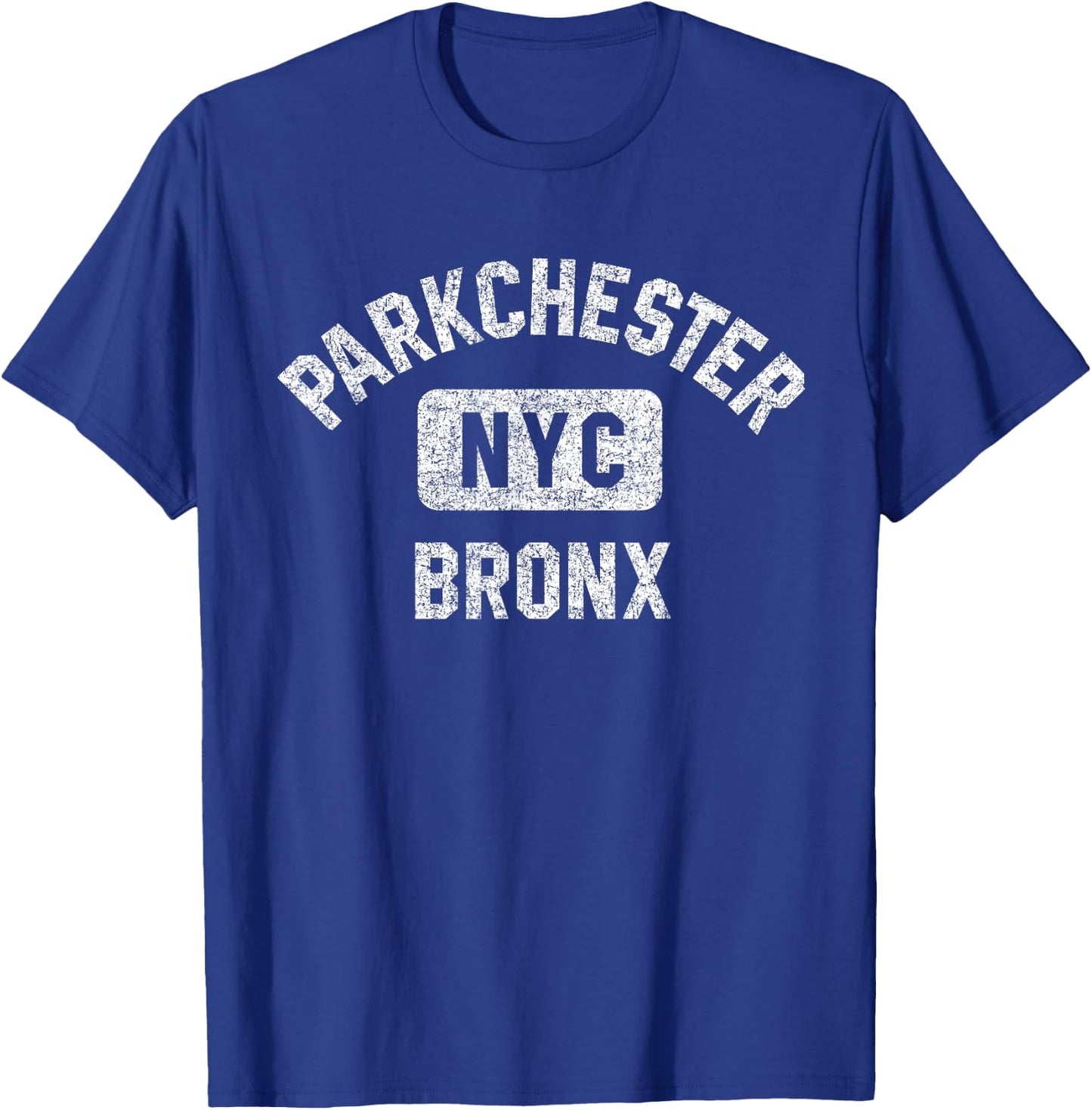 Parkchester Bronx NYC Gym Style Distressed White Print T-Shirt - T-Shirt | Royal