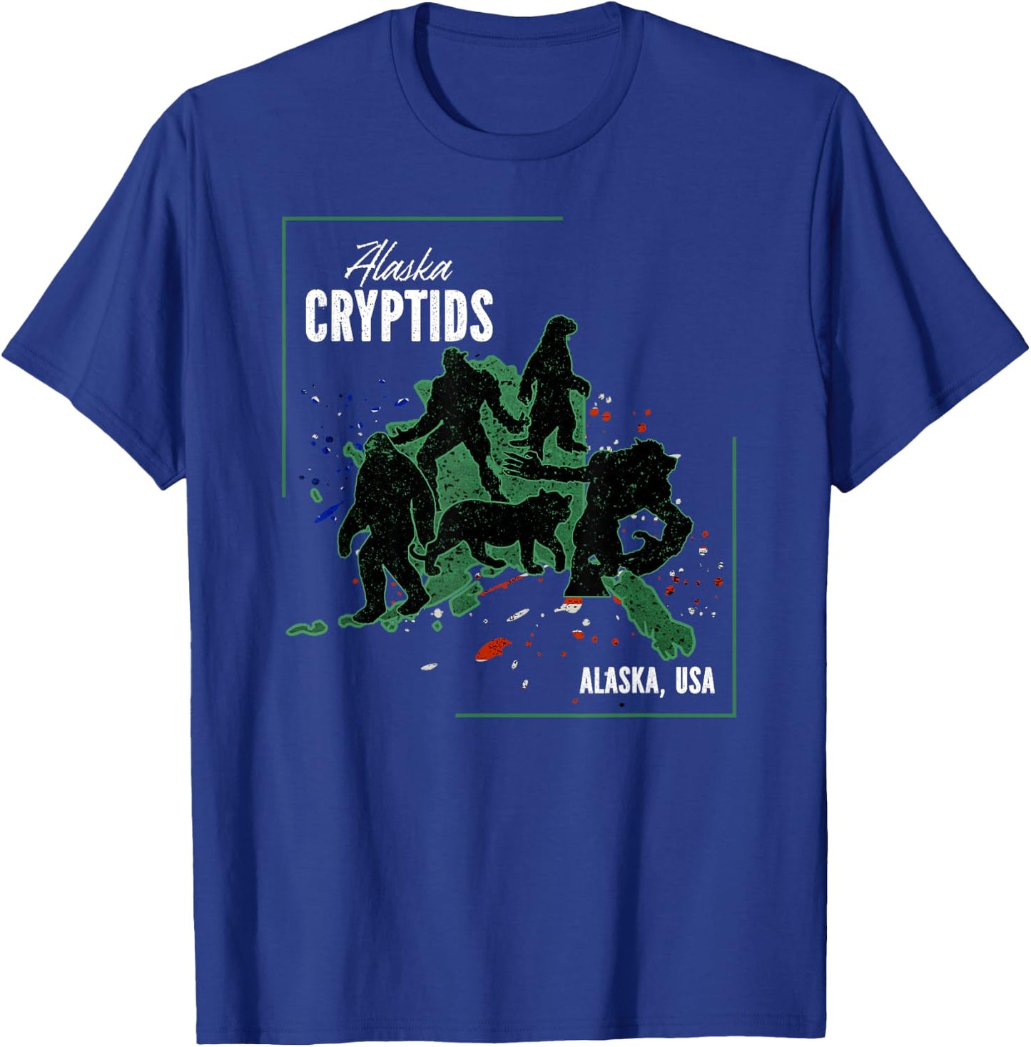Cryptid Map of Alaska - The Otterman, Bigfoot, Giant, Tiger T-Shirt - T-Shirt | Royal