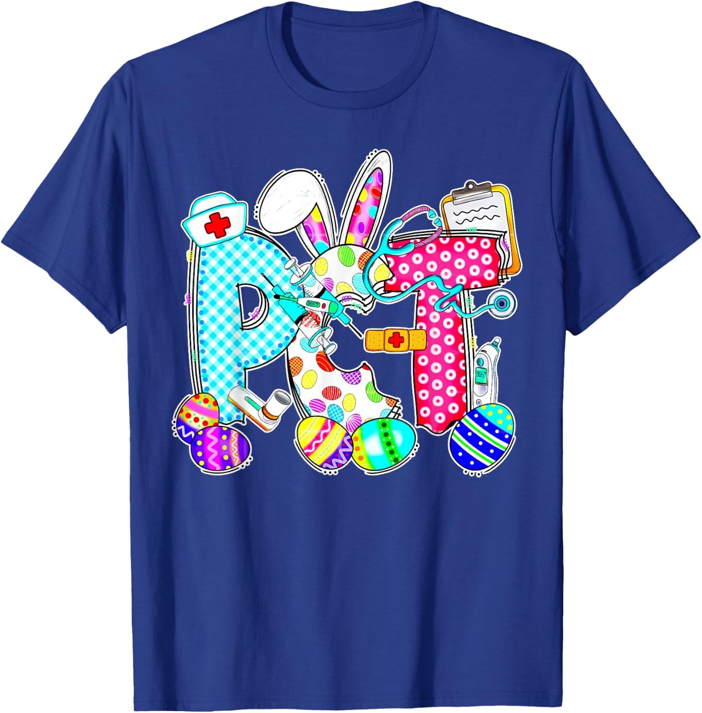 Retro PCT Patient Care Technician Bunny Egg Easter Day Nurse T-Shirt - T-Shirt | Royal