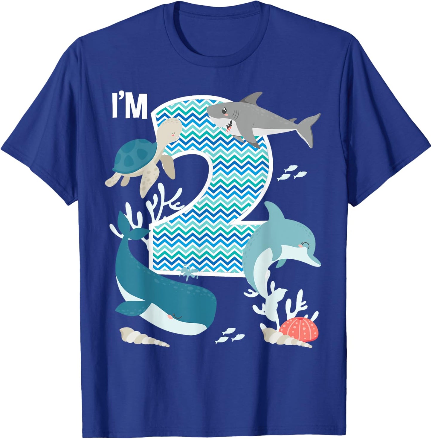 Kids 2 Year Old Ocean Life Whale Dolphin Shark 2nd Birthday T-Shirt - T-Shirt | Royal