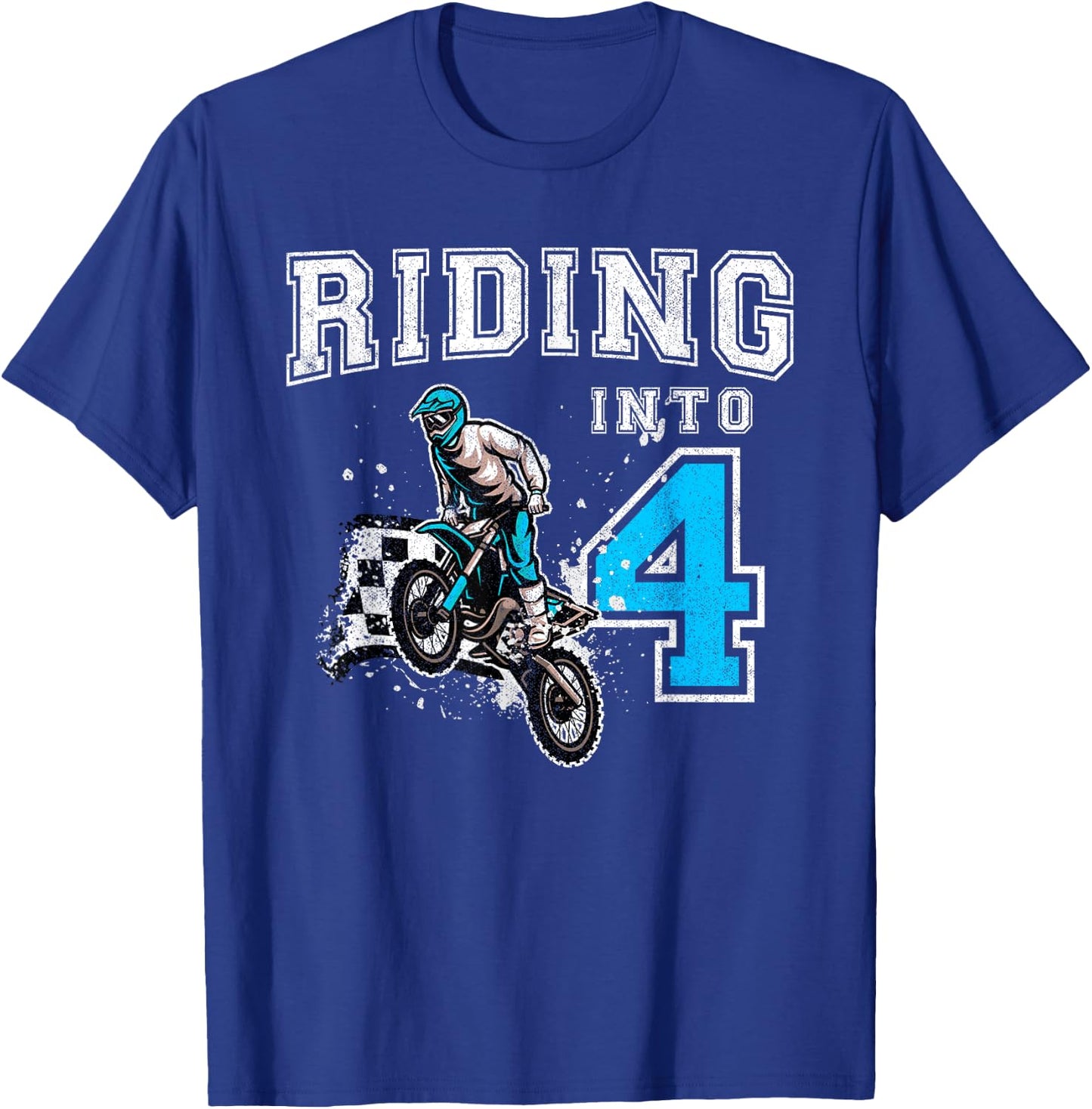 Riding Into 4 Years Old 4th Birthday Boy Dirt Bike Party T-Shirt - T-Shirt | Royal