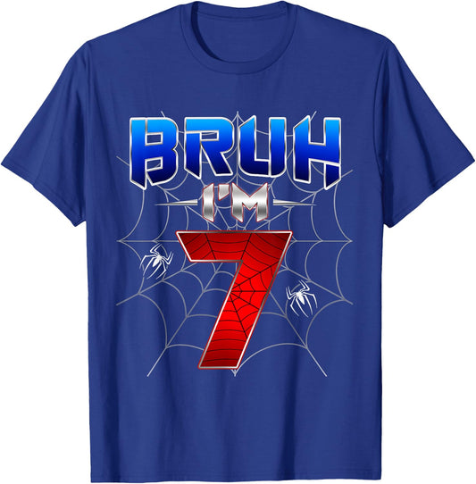 Bruh I'm 7 Year Old Birthday Spider Web Kid Boy 7th Birthday T-Shirt - T-Shirt | Royal