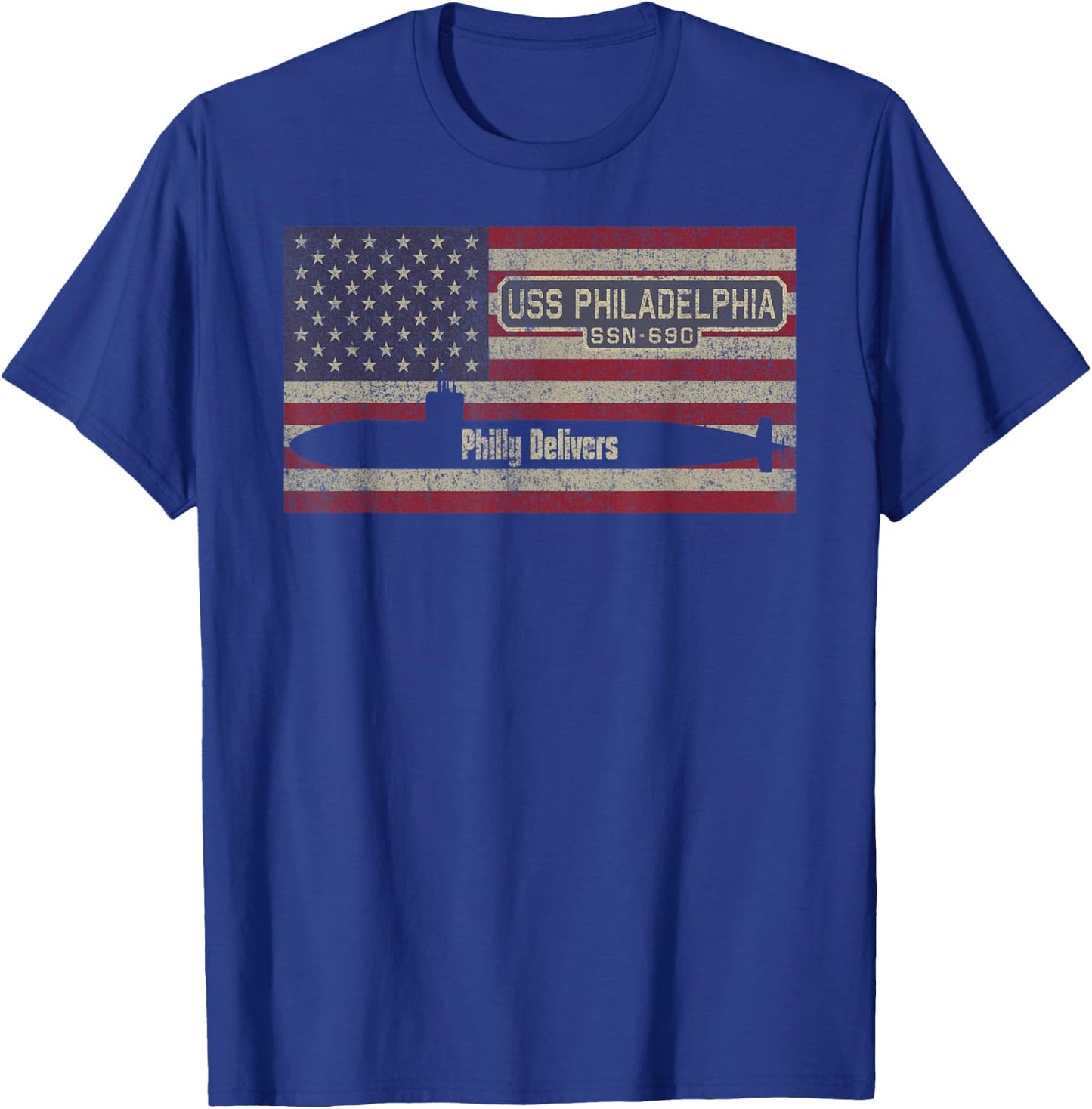 USS Philadelphia SSN-690 Submarine USA American Flag Women Kids Men T-Shirt - T-Shirt | Royal