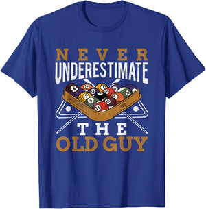 Never Underestimate The Old Guy Retro Pool Billiards Grandpa T-Shirt - T-Shirt | Royal