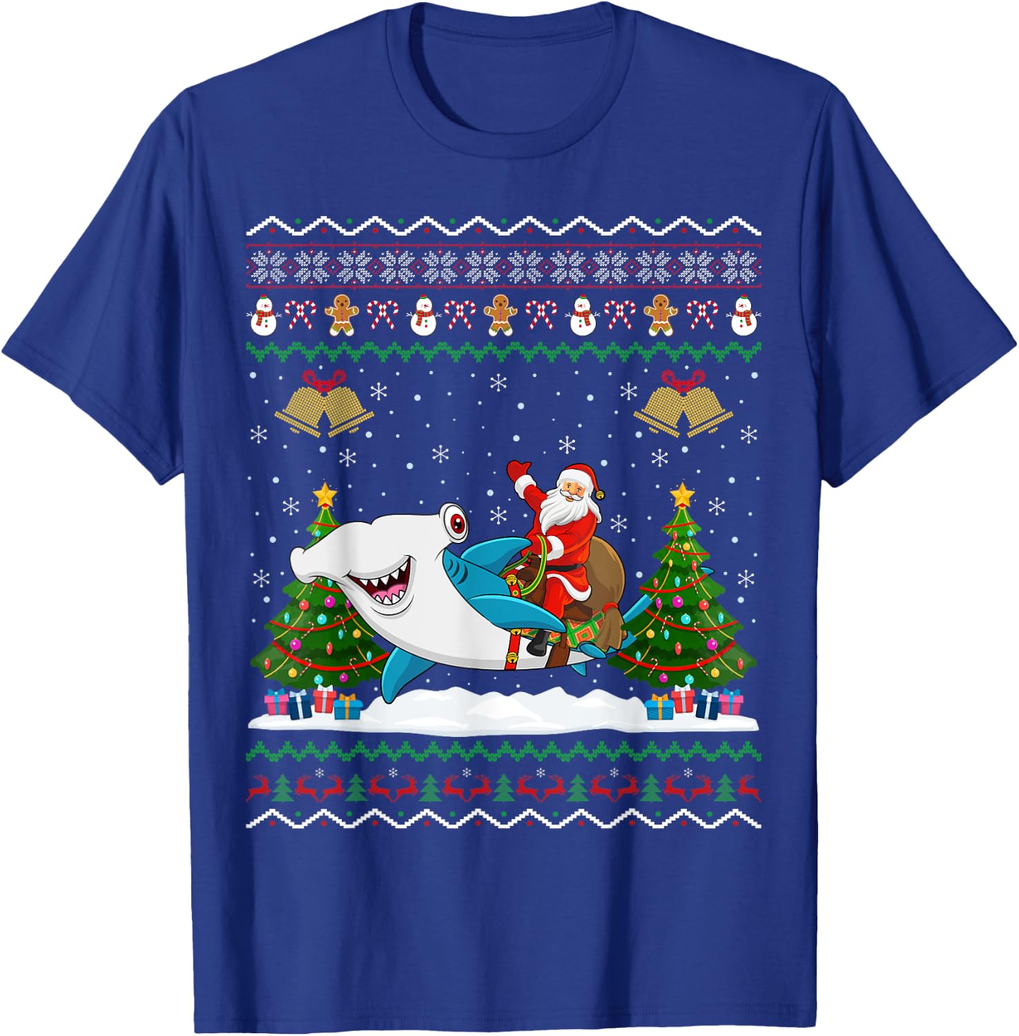 Ugly Hammerhead Shark Xmas Gift Santa Riding Shark Christmas T-Shirt - T-Shirt | Royal