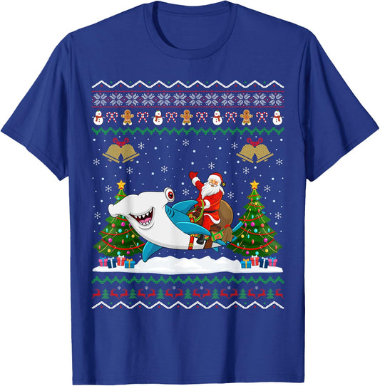 Ugly Hammerhead Shark Xmas Gift Santa Riding Shark Christmas T-Shirt - T-Shirt | Royal