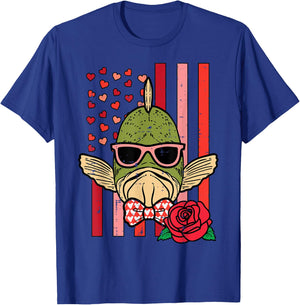 Valentines Day Fish US Flag Patriot Fisherman Men Women Kids T-Shirt - T-Shirt | Royal