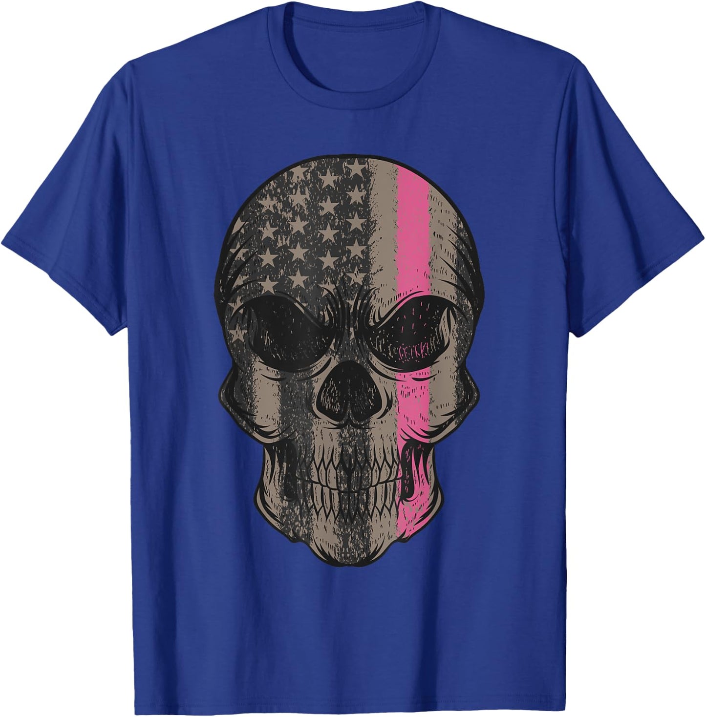 Thin Pink Line Breast Cancer Awareness American Flag Skull Women Men T-Shirt - T-Shirt | Royal