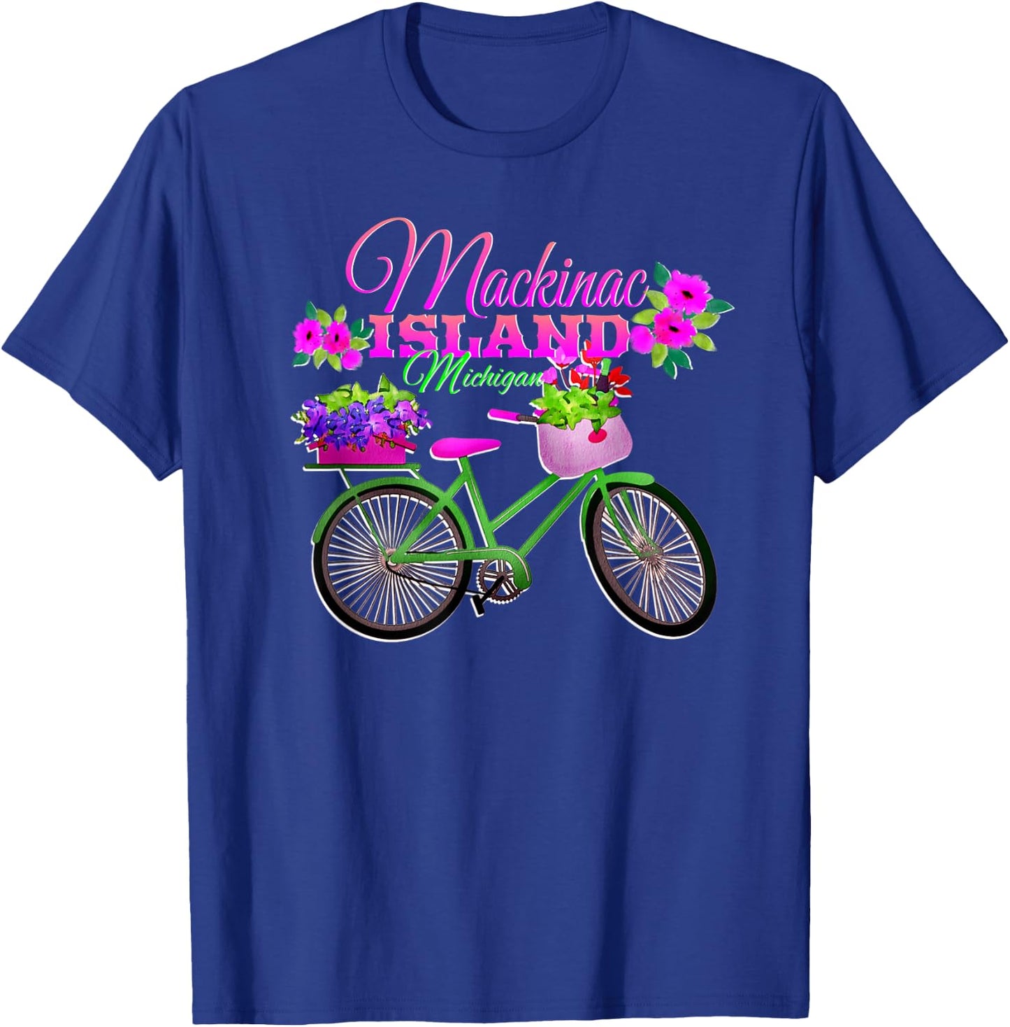Mackinac Island Michigan Gift Vacation Vintage Bike Flowers T-Shirt - T-Shirt | Royal